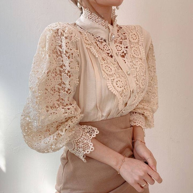 Vintage Solid Lace Blouse