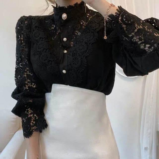 Vintage Solid Lace Blouse